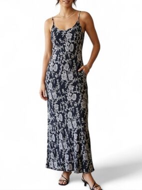 ​Vintage 90s Y2K Black Floral Maxi Dress Grunge Whimsigoth Sleeveless Slip Dress
